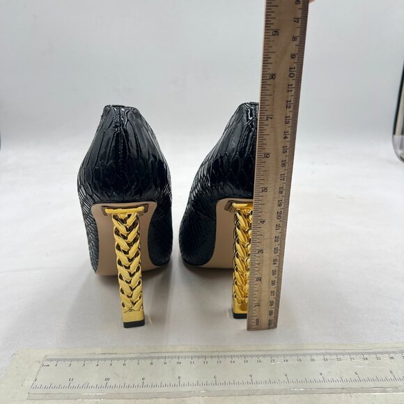 FSJ Black Snake Gold Metal Chain Chunky High Heel Pointed Toe Slip On Prom Pumps - Picture 5 of 8